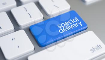 Modernized Keyboard Key Showing the Caption Special Delivery. Message on Blue Keyboard Keypad. Business Concept: Special Delivery on Slim Aluminum Keyboard Background. 3D Illustration.