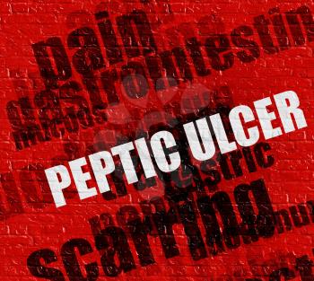 Modern health concept: Red Brickwall with Peptic Ulcer on the it . Peptic Ulcer - on the Brickwall with Word Cloud Around . 