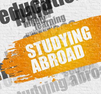 Education Service Concept: Studying Abroad. Yellow Inscription on Brickwall. Studying Abroad - on White Brickwall with Word Cloud Around. Modern Illustration. 