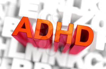 Medicine Concept. ADHD Attention Deficit Hyperactivity Disorder - The Word of Red Color Located over Letters of White Color. 3D rendering.