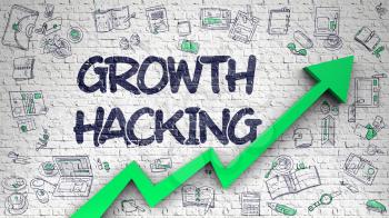 Growth Hacking - Business Concept with Hand Drawn Icons Around on the Brick Wall Background. Growth Hacking Inscription on Modern Style Illustation. with Green Arrow and Doodle Design Icons Around. 
