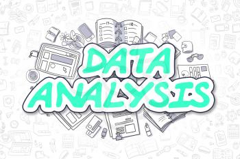 Data Analysis Doodle Illustration of Green Word and Stationery Surrounded by Doodle Icons. Business Concept for Web Banners and Printed Materials. 