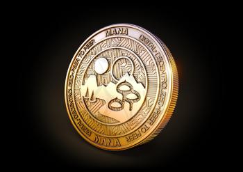 Decentraland MANA - Cryptocurrency Coin on Black Background. 3D rendering.