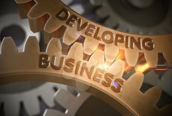 Developing Business Golden Metallic Gears. Developing Business - Illustration with Glowing Light Effect. 3D Rendering.