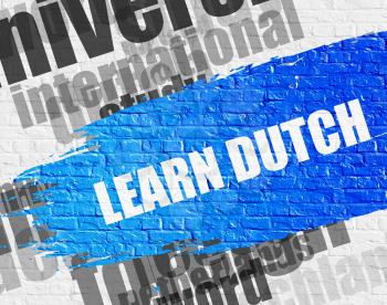Business Education Concept: Learn Dutch on the White Brickwall Background with Word Cloud Around It. Learn Dutch Modern Style Illustration on the Blue Distressed Paintbrush Stripe. 