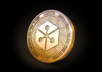 Lunyr LUN - Cryptocurrency Coin on Black Background. 3D rendering.