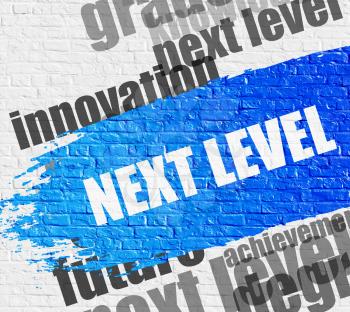 Business Education Concept: Next Level - on the White Brick Wall with Wordcloud Around. Modern Illustration. Next Level Modern Style Illustration on the Blue Brush Stroke. 
