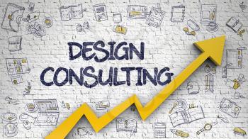 Design Consulting - Development Concept with Doodle Icons Around on Brick Wall Background. Design Consulting Drawn on White Brick Wall. Illustration with Doodle Design Icons. 3d.