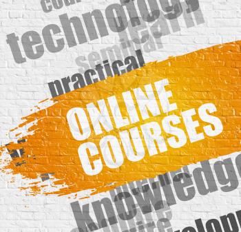 Business Education Concept: Online Courses - on the Brick Wall with Wordcloud Around. Modern Illustration. Online Courses on Yellow Distressed Paintbrush Stripe. 