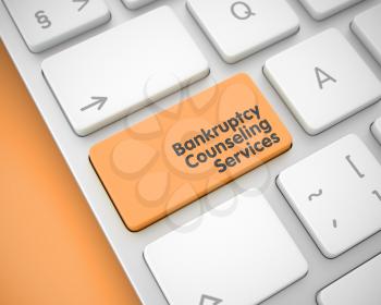 Business Concept: Bankruptcy Counseling Services on the Conceptual Keyboard lying on Orange Background. Metallic Keyboard with Bankruptcy Counseling Services Orange Button. 3D.