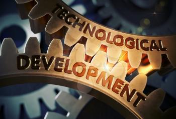 Technological Development on Golden Metallic Gears. Golden Cogwheels with Technological Development Concept. 3D Rendering.