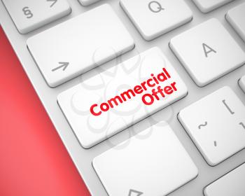 Service Concept: Commercial Offer on White Keyboard lying on the Red Background. Close View View on Computer Keyboard - Commercial Offer White Button. 3D Render.