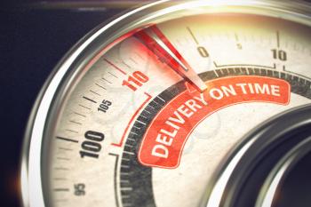 Delivery On Time - Red Label on Conceptual Speed Meter with Needle. Business or Marketing Mode Concept. 3D.