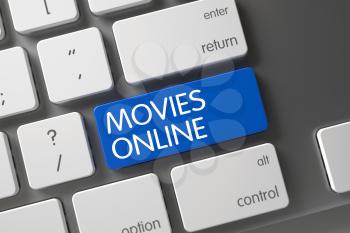 Movies Online Concept: Modern Keyboard with Movies Online, Selected Focus on Blue Enter Button. 3D Illustration.