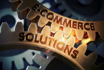 E-Commerce Solutions Golden Metallic Gears. E-Commerce Solutions on the Golden Metallic Cog Gears. 3D Rendering.
