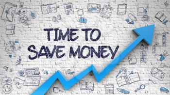 Time To Save Money Drawn on White Brick Wall. Illustration with Hand Drawn Icons. Brick Wall with Time To Save Money Inscription and Blue Arrow. Success Concept. 3d.