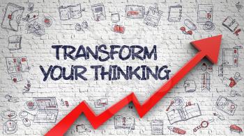 Transform Your Thinking Inscription on the Modern Illustation. with Red Arrow and Doodle Design Icons Around. Transform Your Thinking Drawn on Brick Wall. Illustration with Doodle Design Icons. 3d.