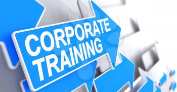Corporate Training - Blue Cursor with a Message Indicates the Direction of Movement. Corporate Training, Inscription on the Blue Pointer. 3D Illustration.
