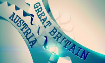 Message Great Britain Austria on Metallic Gears - Enterprises Concept. Great Britain Austria on the Mechanism of Metal Cogwheels. Communication Concept in Technical Design. 3D Illustration .
