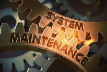 System Maintenance Golden Cogwheels. System Maintenance on the Mechanism of Golden Cogwheels. 3D Rendering.