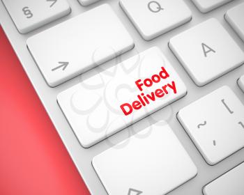 Business Concept: Food Delivery on Modernized Keyboard lying on Red Background. Food Delivery Button on Keyboard Keys. with Red Background. 3D Render.