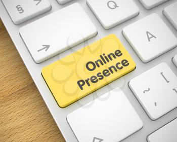 Business Concept: Online Presence on Computer Keyboard lying on the Wood Background. Close-Up View on the Modern Laptop Keyboard - Online Presence Yellow Button. 3D Render.