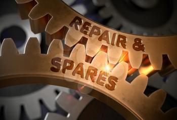 Golden Cog Gears with Repair And Spares Concept. Repair And Spares - Industrial Illustration with Glow Effect and Lens Flare. 3D Rendering.