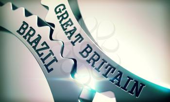 Great Britain Brazil - Communication Concept. Great Britain Brazil on Mechanism of Metallic Gears with Glow Effect and Lens Flare - Business Concept. 3D Render .
