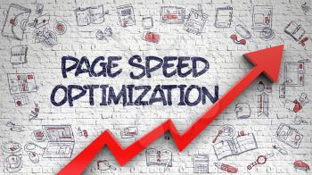 White Brick Wall with Page Speed Optimization Inscription and Red Arrow. Business Concept. Page Speed Optimization Drawn on White Brick Wall. Illustration with Doodle Icons. 3d.