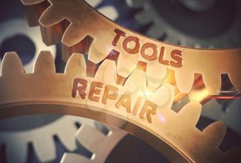 Tools Repair on the Mechanism of Golden Cogwheels. Tools Repair Golden Metallic Cog Gears. 3D Rendering.