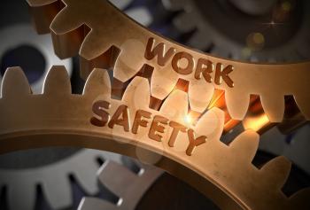 Work Safety - Industrial Design. Work Safety on the Mechanism of Golden Cogwheels with Glow Effect. 3D Rendering.