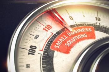 Small Business Solutions - Red Label on Conceptual Rev Counter with Needle. Business Mode Concept. 3D Render.