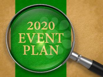 2020 Event Plan through Loupe on Old Paper with Green Vertical Line Background.