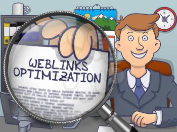 Weblinks Optimization. Man in Office Workplace Showing a through Magnifying Glass Concept on Paper. Multicolor Doodle Illustration.
