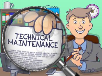 Technical Maintenance on Paper in Businessman's Hand through Magnifying Glass to Illustrate a Business Concept. Colored Doodle Style Illustration.