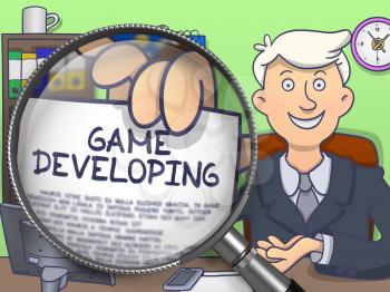 Man in Suit Holds Out a Text on Paper Game Developing Concept through Magnifying Glass. Closeup View. Colored Modern Line Illustration in Doodle Style.