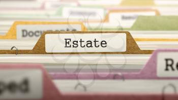 Estate on Business Folder in Multicolor Card Index. Closeup View. Blurred Image. 3D Render.