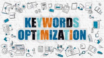 Keywords Optimization Concept. Keywords Optimization Drawn on White Wall. Keywords Optimization in Multicolor. Doodle Design Style of Keywords Optimization. Line Style Illustration. White Brick Wall.