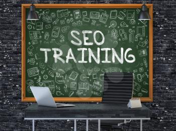 SEO - Search Engine Optimization - Training - Hand Drawn on Green Chalkboard in Modern Office Workplace. Illustration with Doodle Design Elements. 3d.