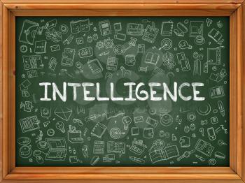 Intelligence - Hand Drawn on Green Chalkboard with Doodle Icons Around. Modern Illustration with Doodle Design Style.