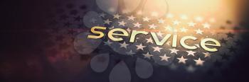 SERVICE - Luxury Gold Word on Blurred Dark Background with Stars. Shiny Golden Text in Rays and Sun Glare. 3D Service Concept.