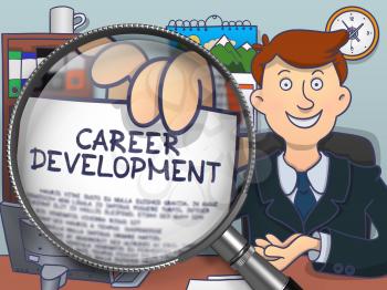 Businessman Holds Out a Concept on Paper Career Development. Closeup View through Lens. Multicolor Modern Line Illustration in Doodle Style.