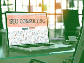 SEO - Search Engine Optimization - Consulting Concept. Closeup Landing Page on Laptop Screen in Doodle Design Style. Comfortable Working Place in Modern Office. Blurred, Toned Image. 3D Render.