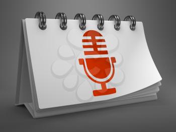 Red Microphone Icon on White Desktop Calendar Isolated on Gray Background. Mass Media Concept.
