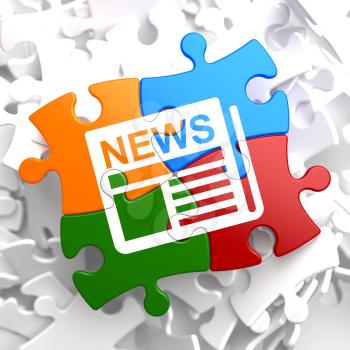 Newspaper Icon with News Word on Multicolor Puzzle. Mass Media Concept.
