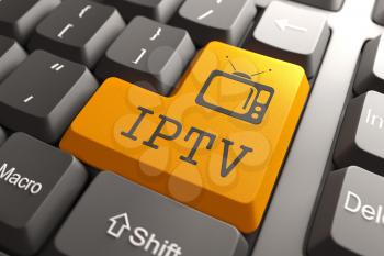 IPTV - Orange Button with TV Set Icon on Black Computer Keyboard.