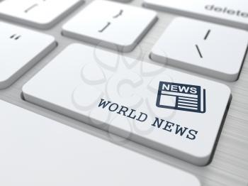 World News - Button with Newspaper Icon on White Computer Keyboard. Mass Media Concept.