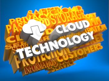 Cloud Technology - White Color Text on Yellow WordCloud on Blue Background.