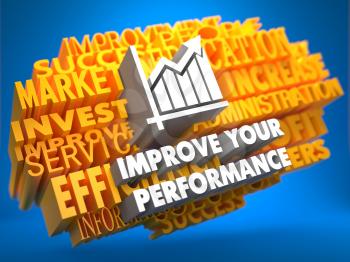 Improve Your Performance with Growth Chart - White Color Text on Yellow WordCloud on Blue Background.
