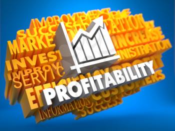 Profitability with Growth Chart Icon on Yellow WordCloud on Blue Background.